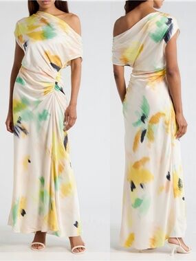 A.L.C. Penny Women’s Yellow Floral Satin Ruched Off-Shoulder Cocktail Maxi Dress